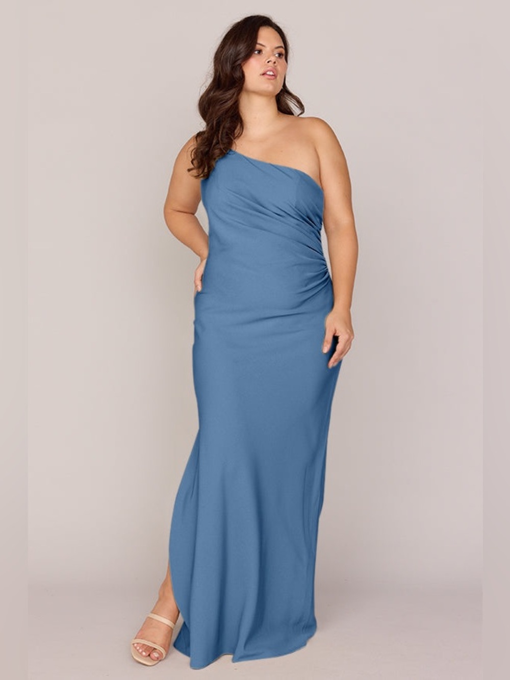 Revelry Jade Crepe One-Shoulder Bridesmaid Gown | Wedding Guest Formal Dres Blue - Picture 3 of 16